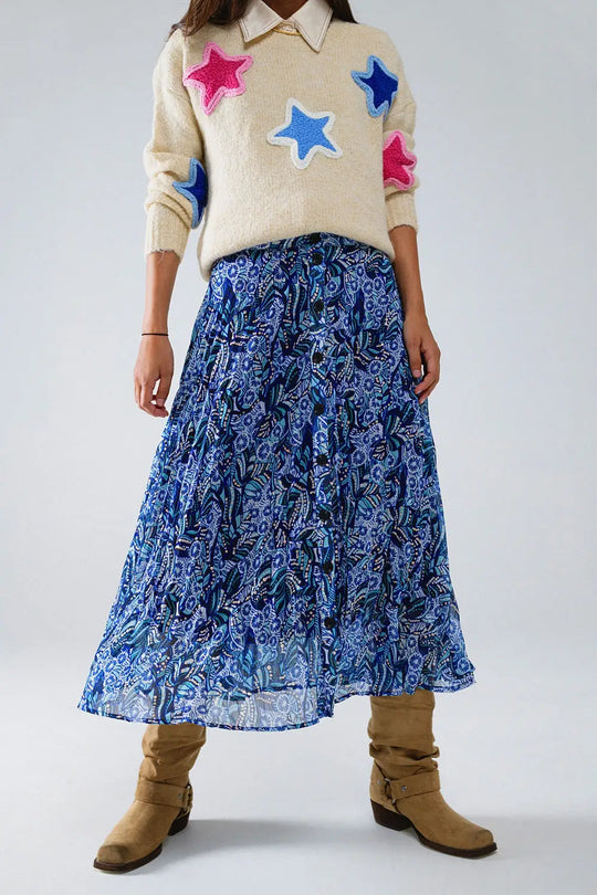 Midi Pleated Skirt In Blue Abstract Print With Button Placket - Skirts