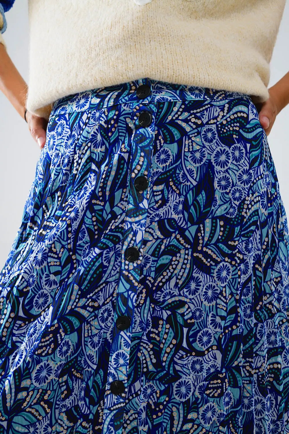 Midi Pleated Skirt In Blue Abstract Print With Button Placket - Skirts