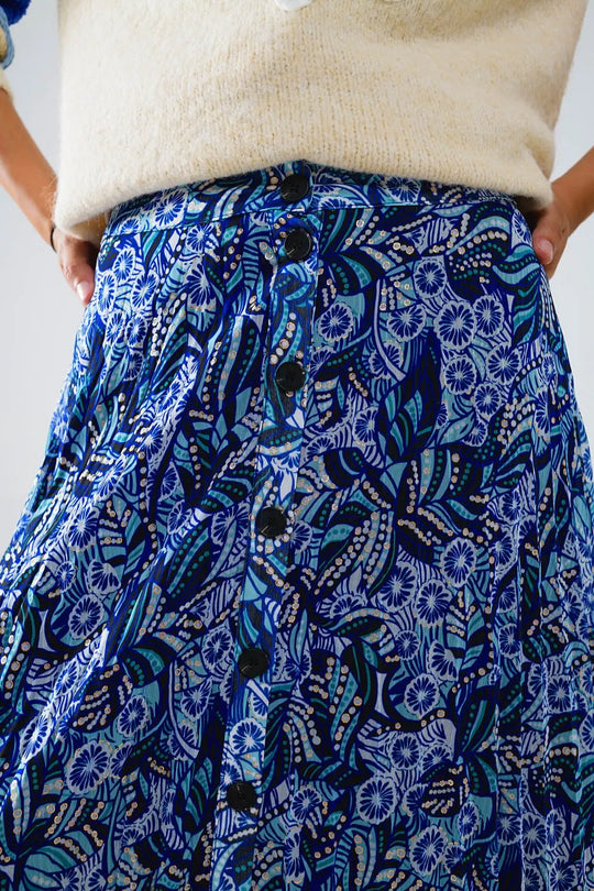 Midi Pleated Skirt In Blue Abstract Print With Button Placket - Skirts