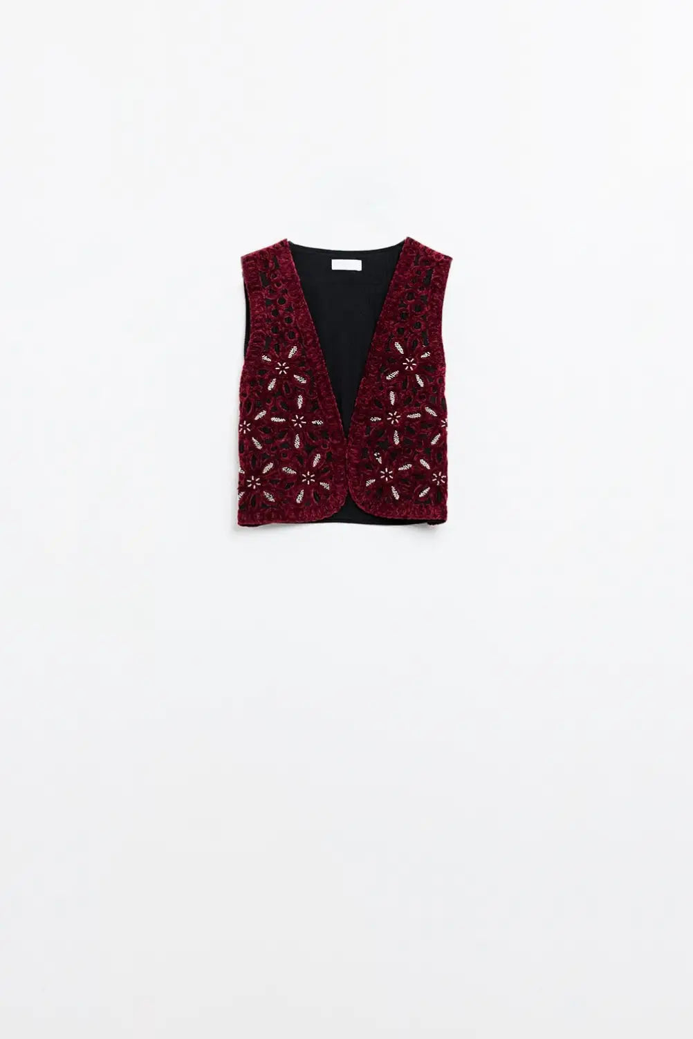 Beaded Embroidery Velvet Short Vest in burgundy - Jackets Tops