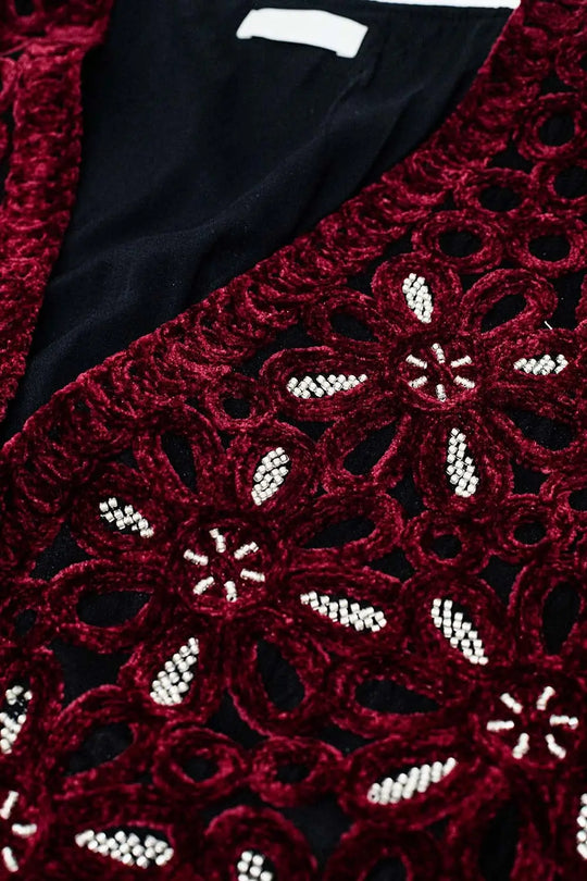 Beaded Embroidery Velvet Short Vest in burgundy - Jackets Tops