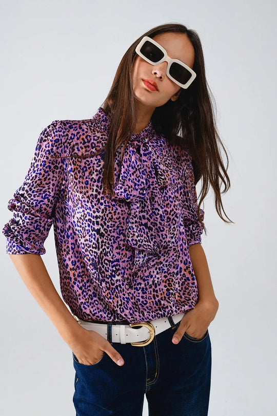 Tie At The Neck Animal Print Purple Blouse - Shirts