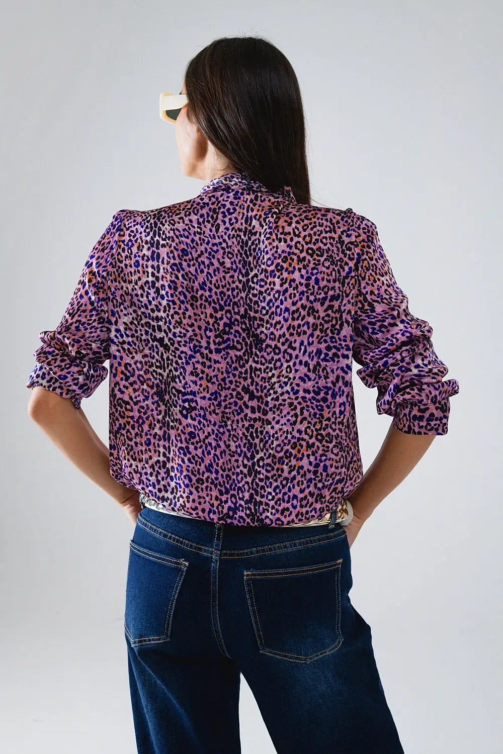Tie At The Neck Animal Print Purple Blouse - Shirts