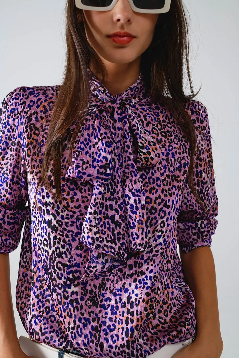 Tie At The Neck Animal Print Purple Blouse - Shirts