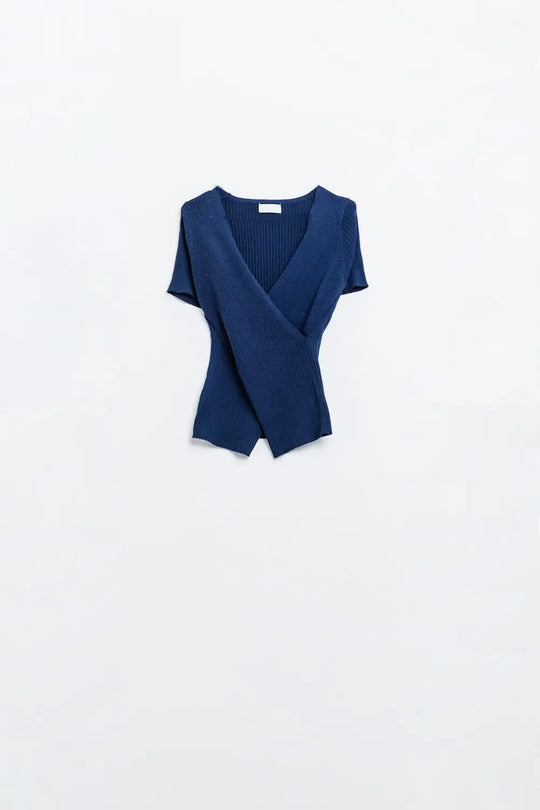 Navy sweater with crossed front and V-neck - Sweaters