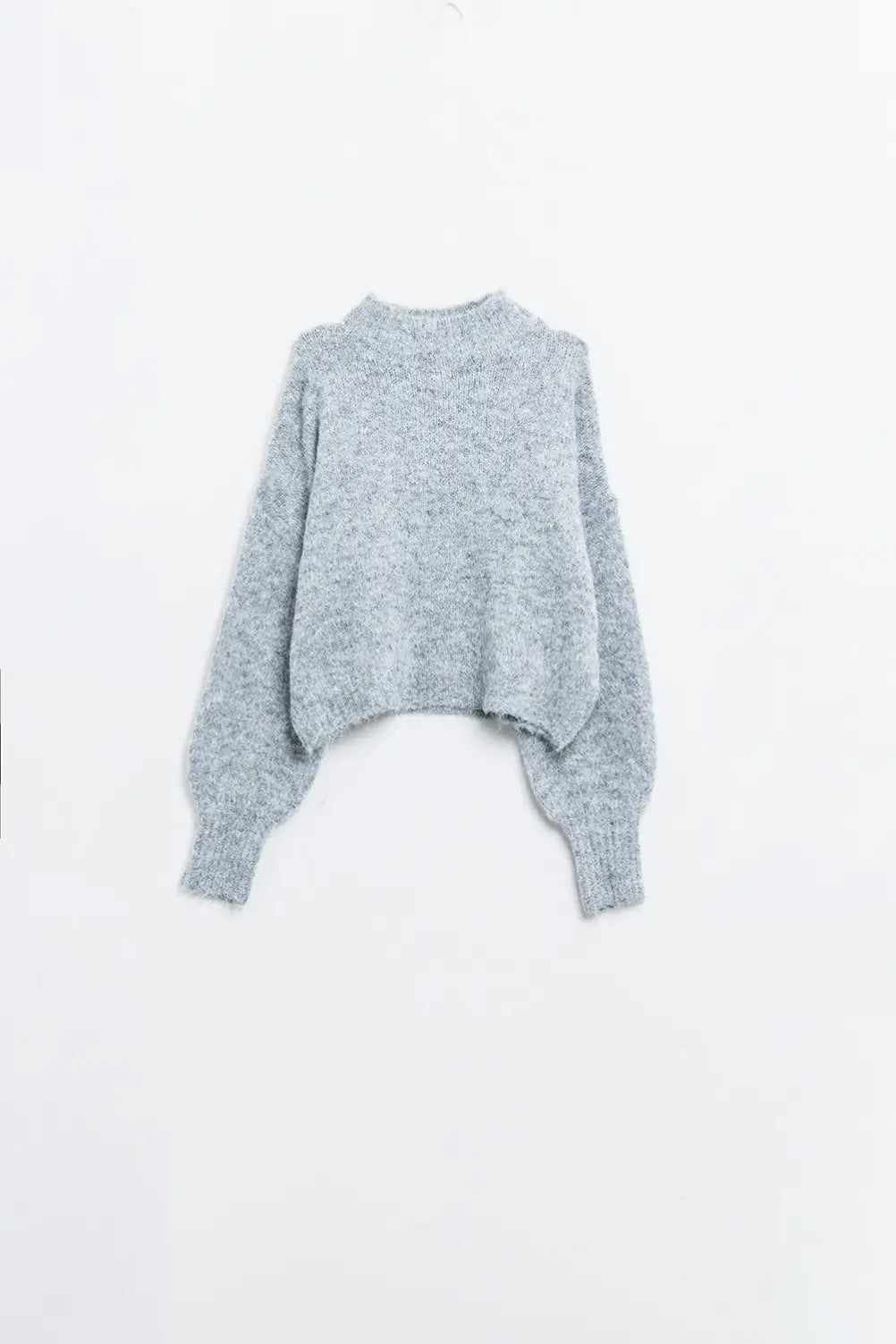 Fluffy grey sweater with high neck and balloon sleeves - Sweaters