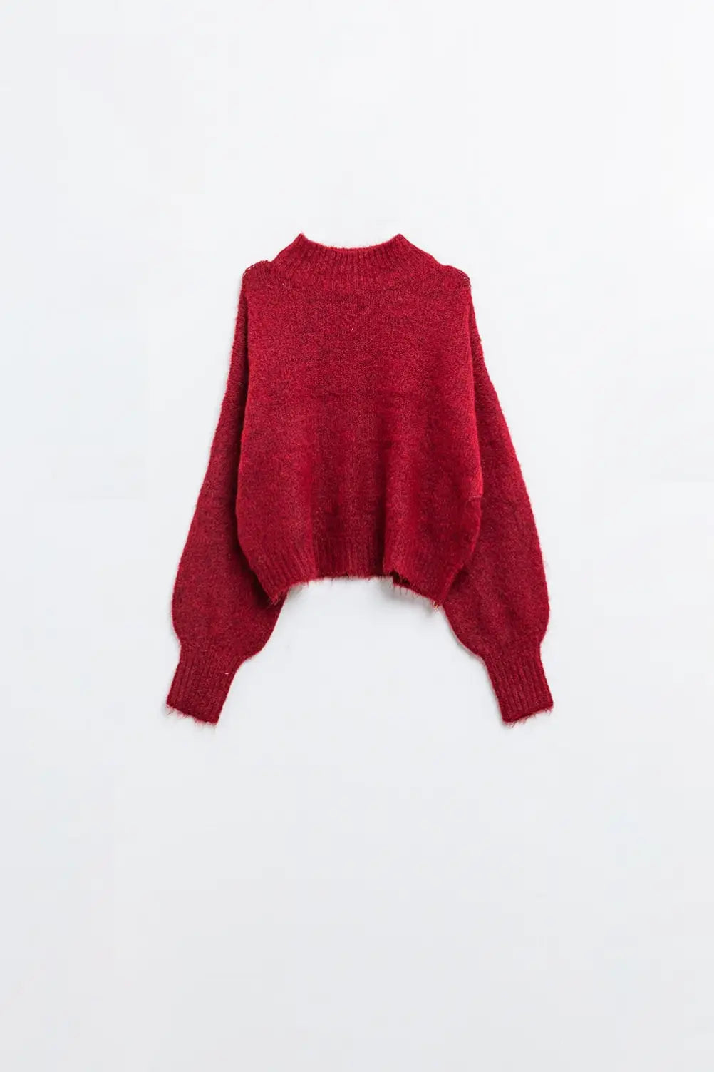 Fluffy red sweater with high neck and balloon sleeves - Sweaters