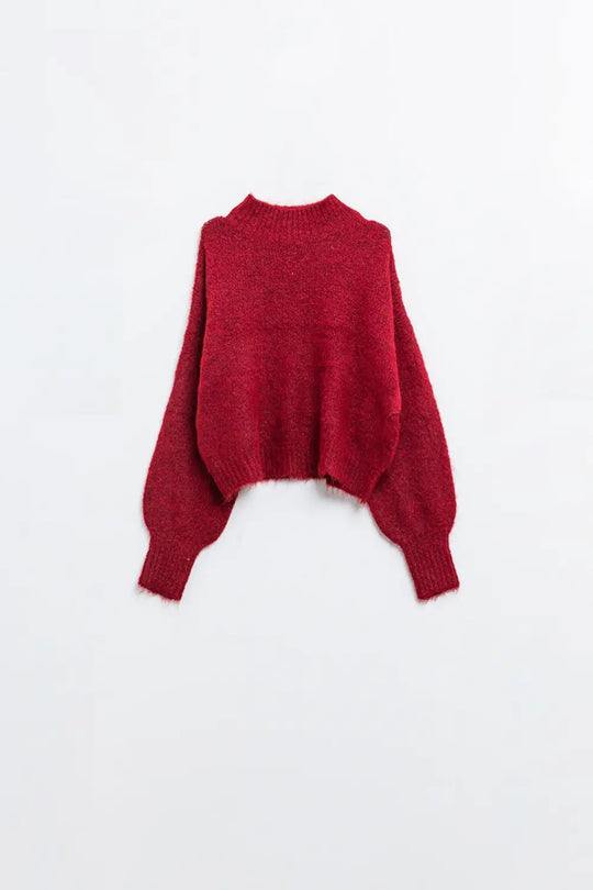 Fluffy red sweater with high neck and balloon sleeves - Sweaters