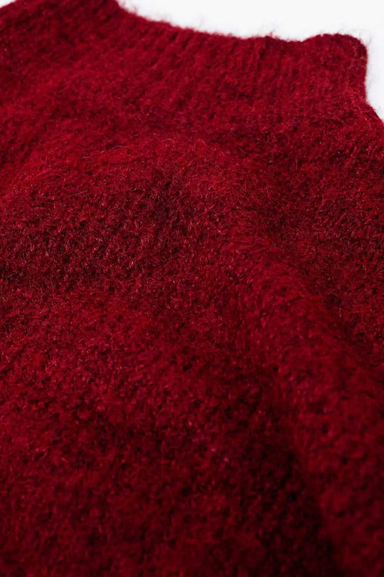 Fluffy red sweater with high neck and balloon sleeves - Sweaters
