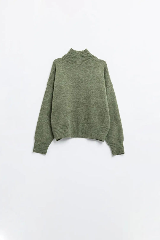 chunky knit sweater in green with turtleneck - Sweaters