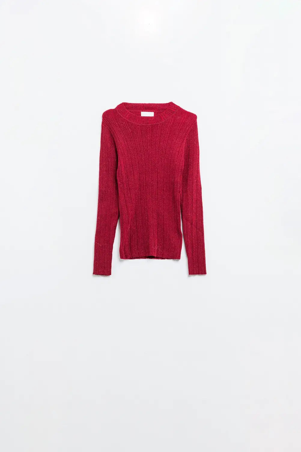 Fitted ribbed sweater in maroon with silver thread detail - Sweaters