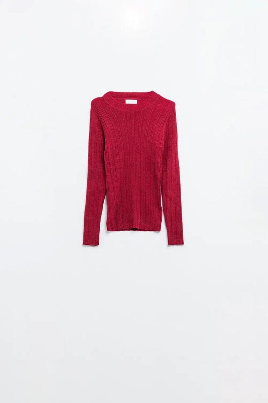 Fitted ribbed sweater in maroon with silver thread detail - Sweaters