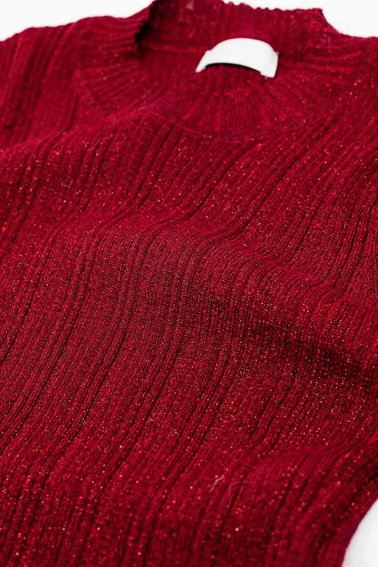 Fitted ribbed sweater in maroon with silver thread detail - Sweaters