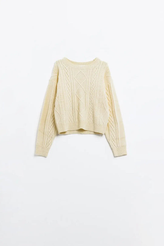 Cream soft knit sweater with cable pattern - Sweaters