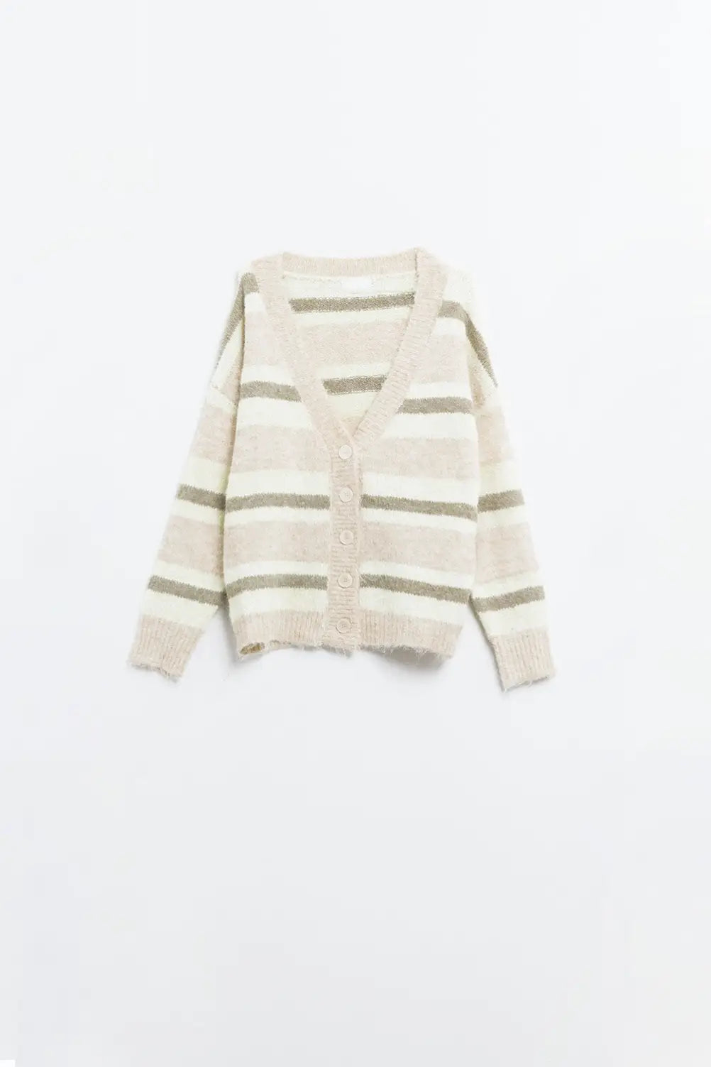 beige striped fluffy cardigan - Cardigans