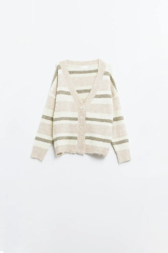 beige striped fluffy cardigan - Cardigans