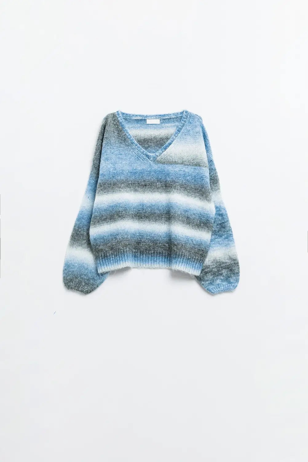 Loose V-neck sweater with blue and grey stripes - Sweaters