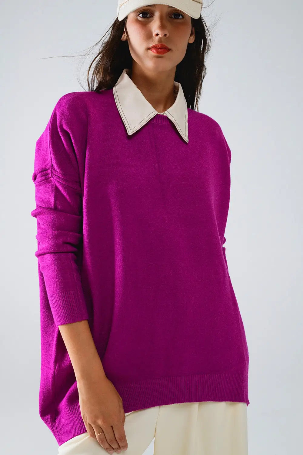Oversized Crew Neck Long Sleeve Sweater in Fuchsia - FUCHSIA / ONE - Sweaters
