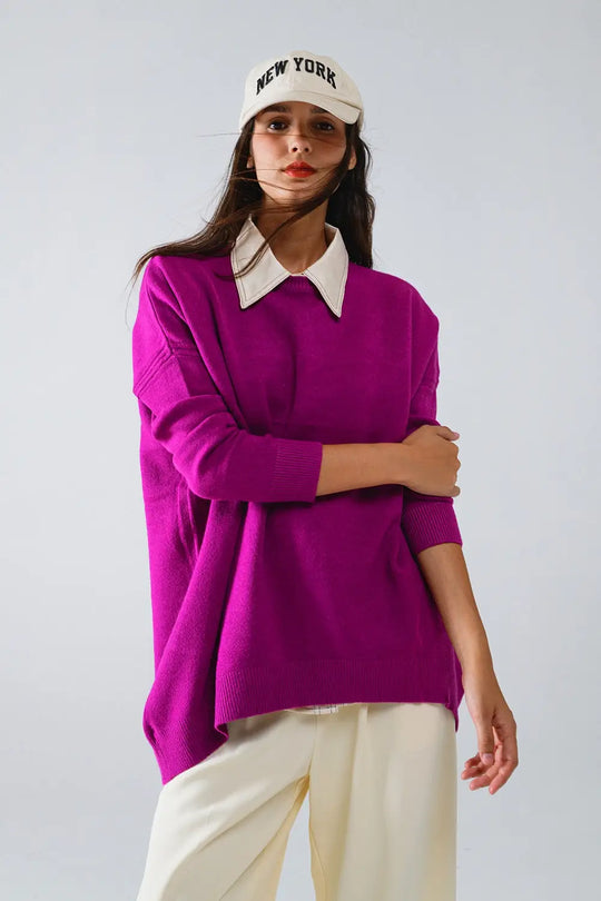 Oversized Crew Neck Long Sleeve Sweater in Fuchsia - FUCHSIA / ONE - Sweaters