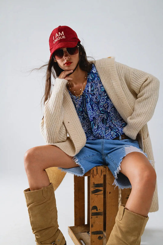 Long Ribbed Cardigan With Pockes and Hood in Cream - CREAM / ONE - Cardigans
