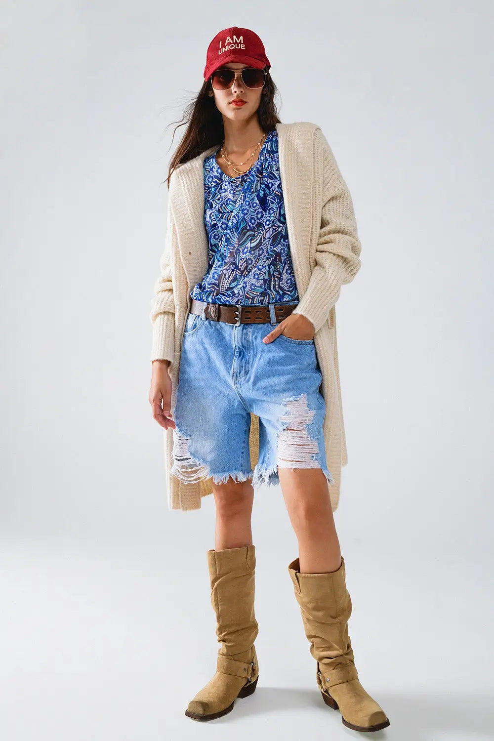 Long Ribbed Cardigan With Pockes and Hood in Cream - CREAM / ONE - Cardigans