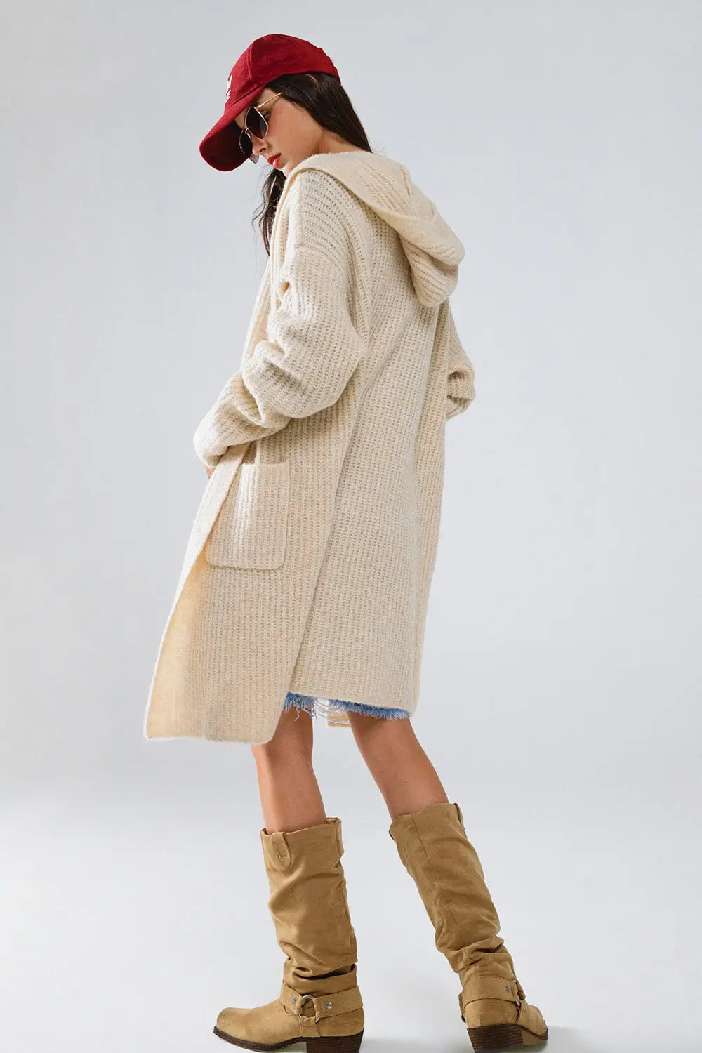 Long Ribbed Cardigan With Pockes and Hood in Cream - CREAM / ONE - Cardigans