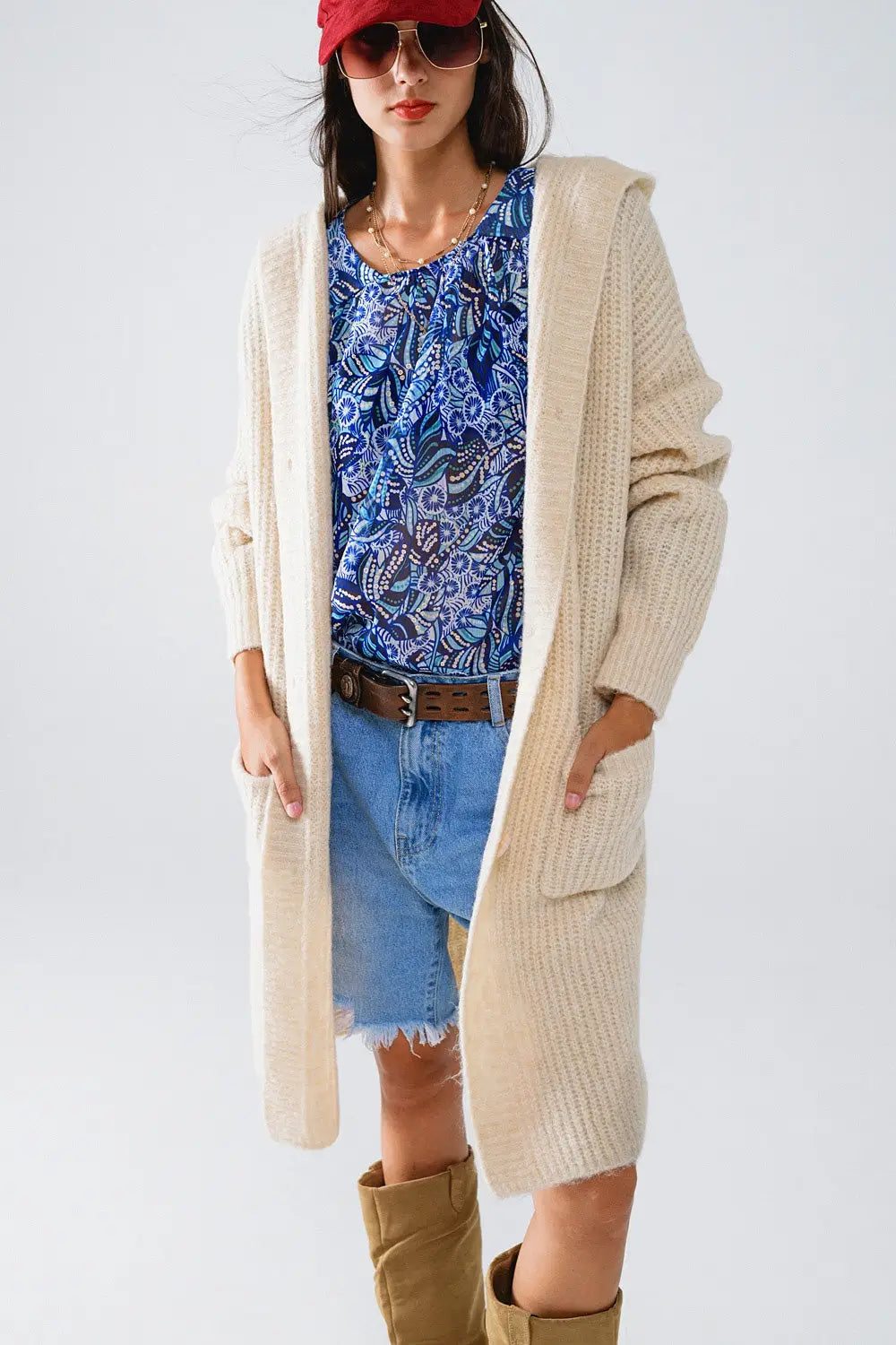 Long Ribbed Cardigan With Pockes and Hood in Cream - CREAM / ONE - Cardigans