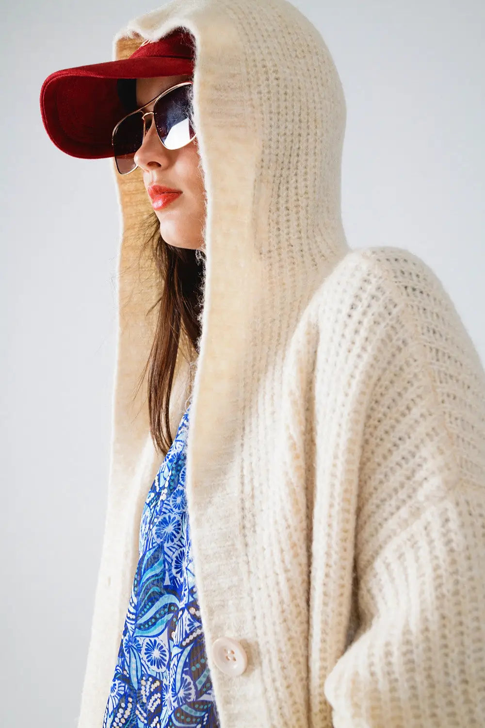 Long Ribbed Cardigan With Pockes and Hood in Cream - CREAM / ONE - Cardigans