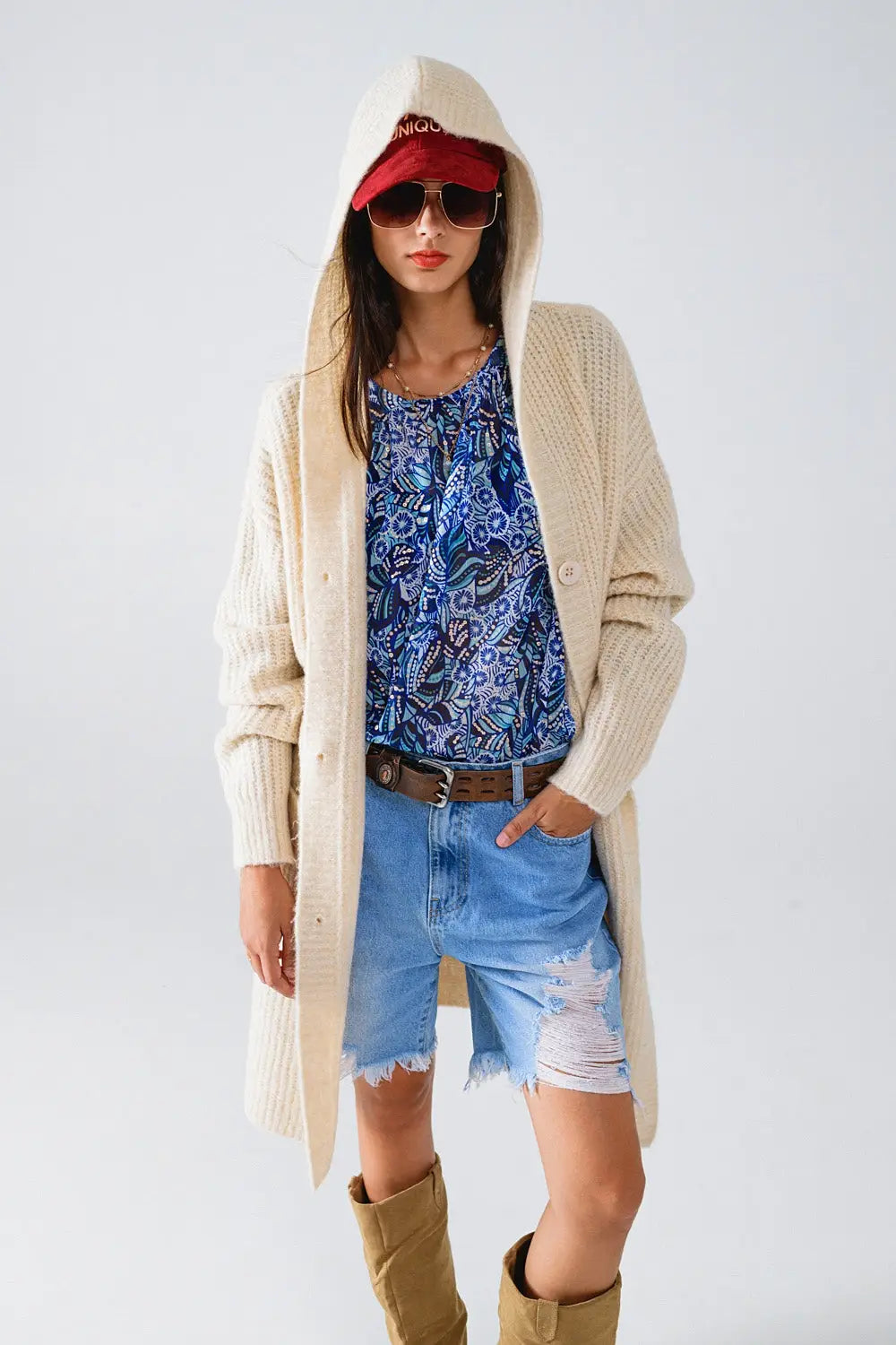 Long Ribbed Cardigan With Pockes and Hood in Cream - CREAM / ONE - Cardigans