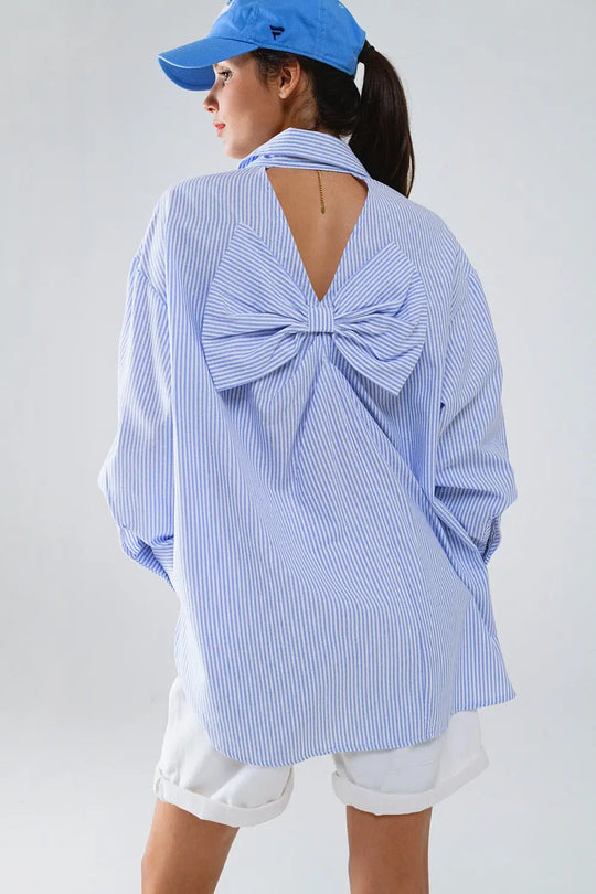 Poplin Oversize Striped Shirt With Bow Detail in Blue and White - Shirts