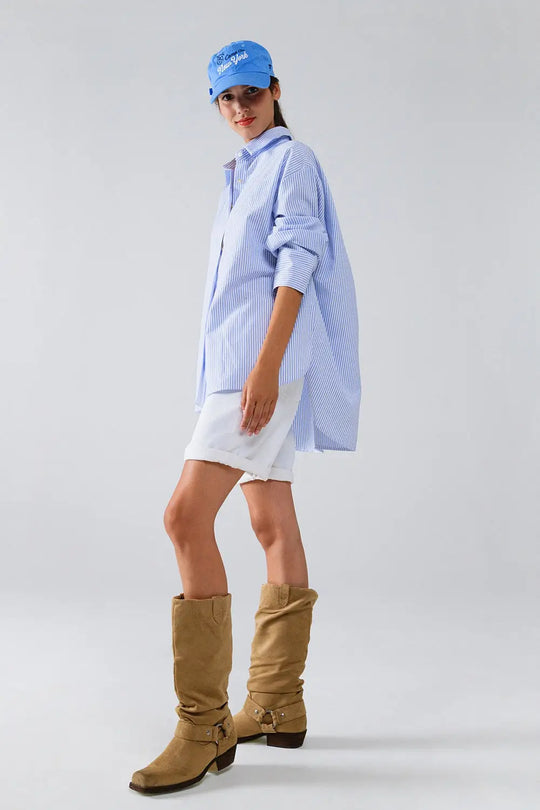 Poplin Oversize Striped Shirt With Bow Detail in Blue and White - Shirts