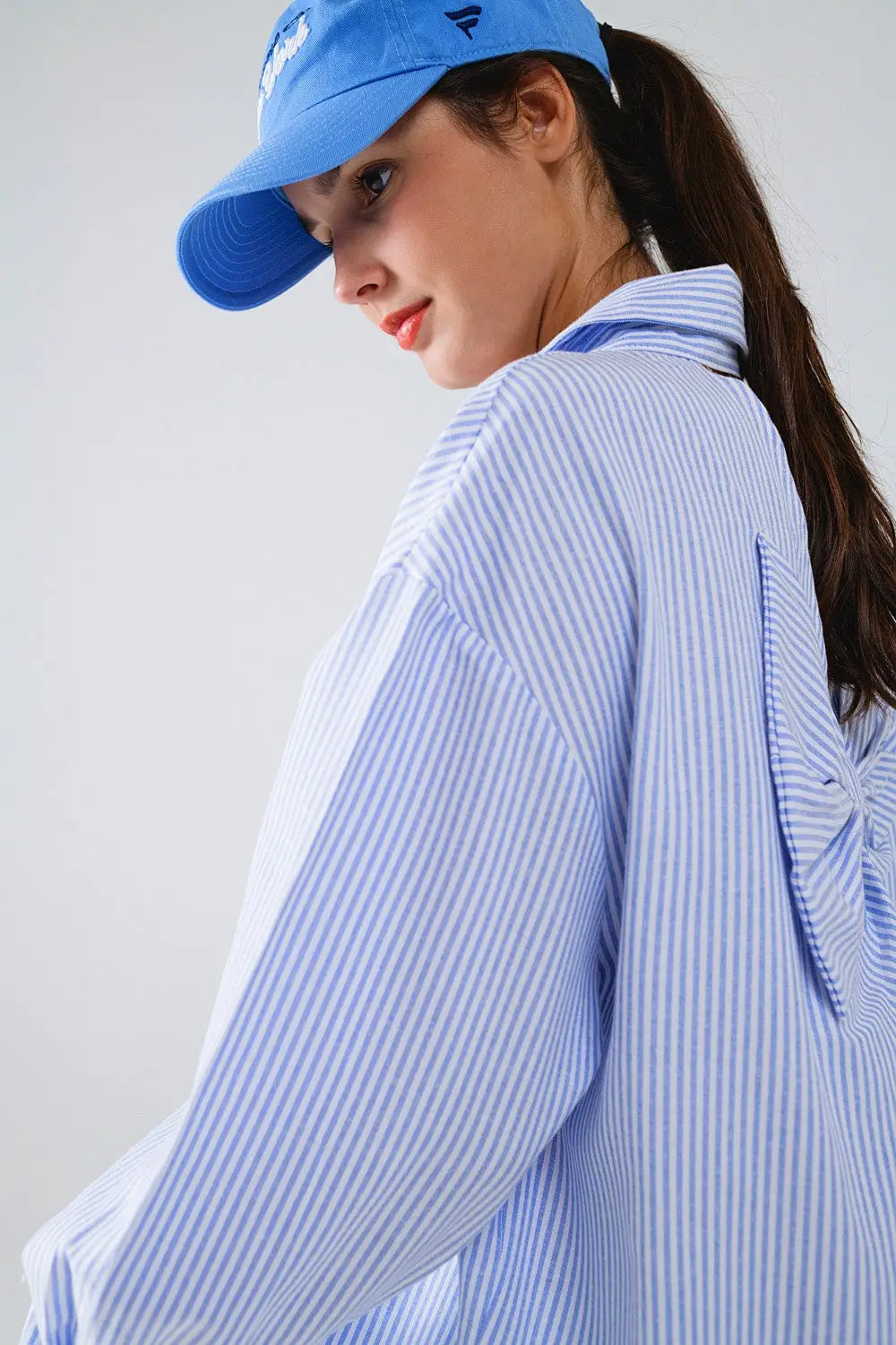 Poplin Oversize Striped Shirt With Bow Detail in Blue and White - Shirts