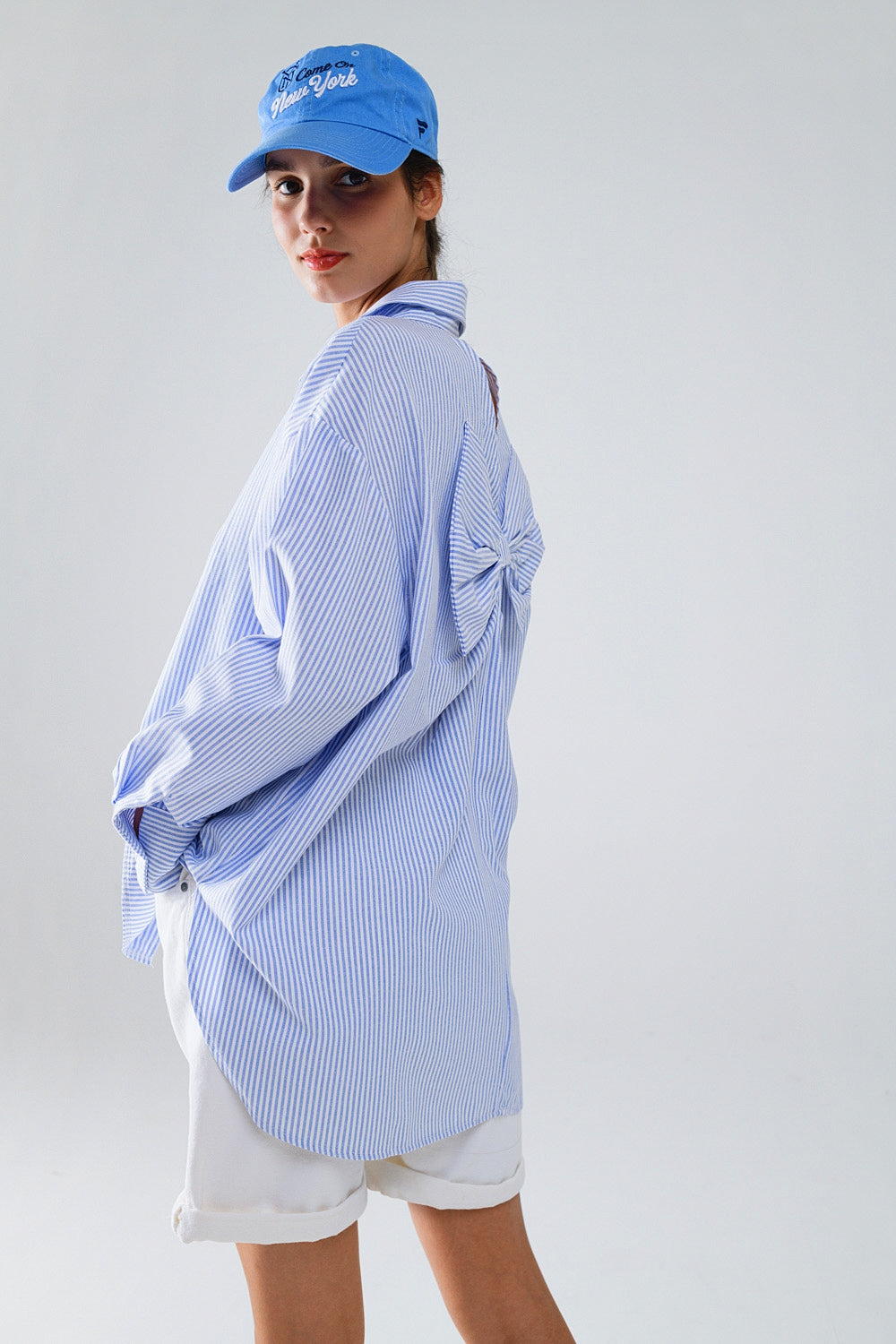 Poplin Oversize Striped Shirt With Bow Detail in Blue and White