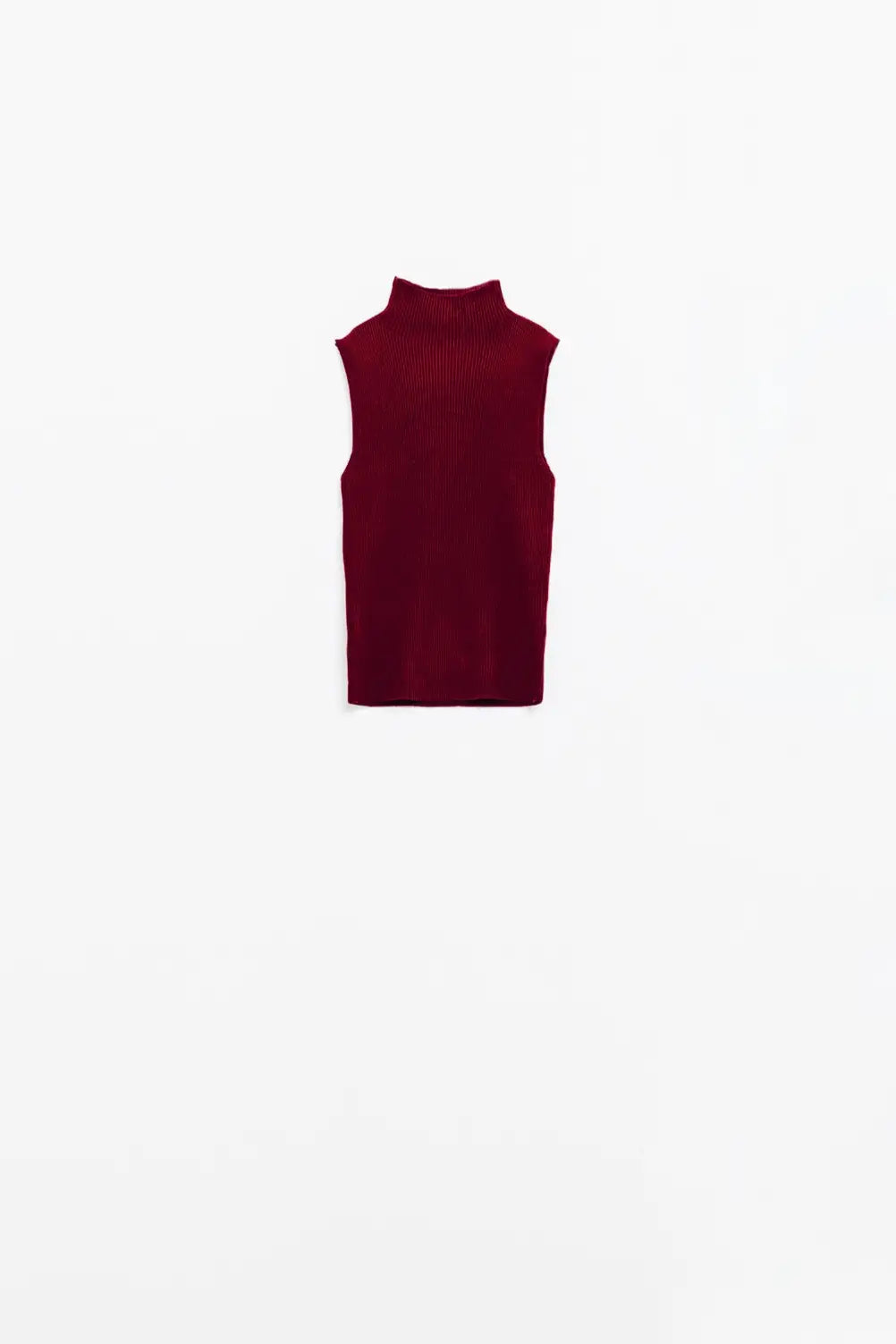 Turtle Neck Ribbed Top in Burgundy - Sweaters