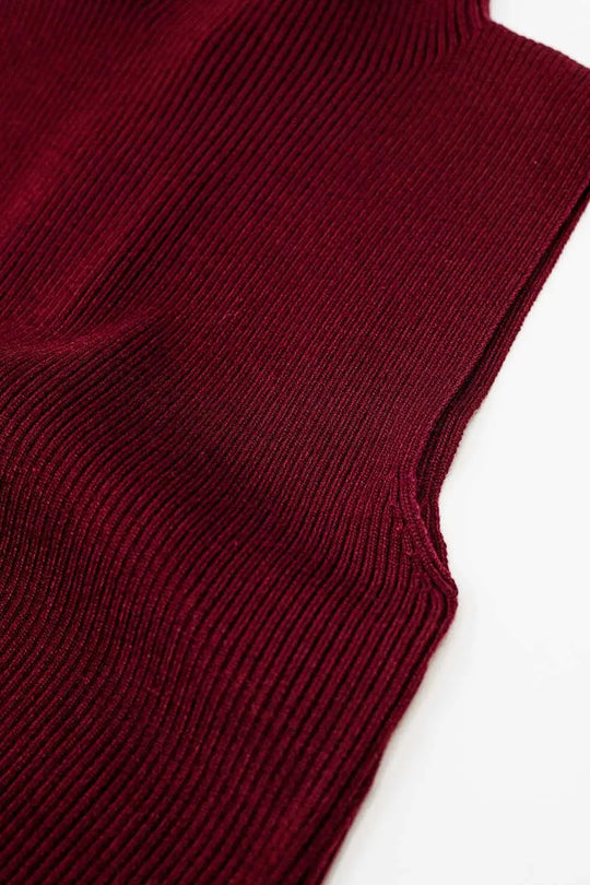Turtle Neck Ribbed Top in Burgundy - Sweaters