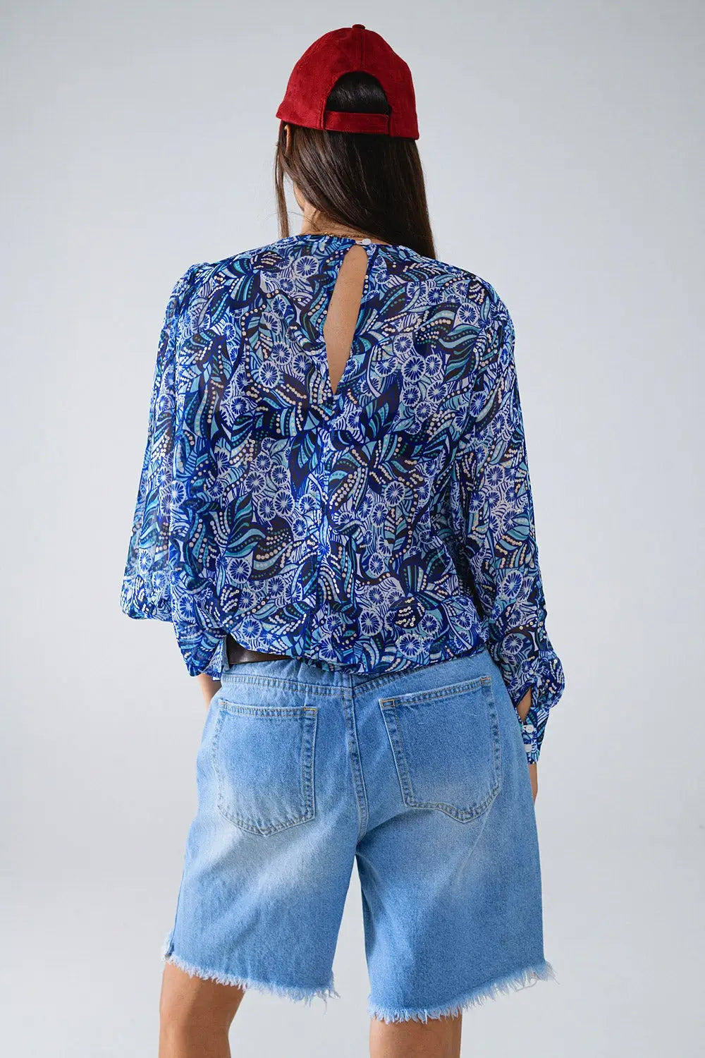 Abstract Print Blouse With Balloon Sleeves in Blue - Shirts