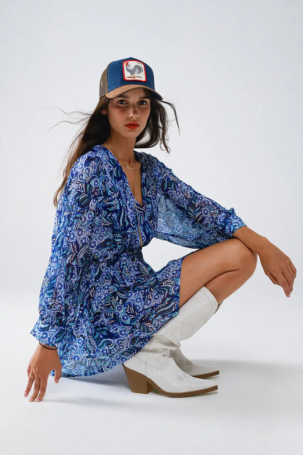 Blue abstract print short dress with adjustable waist - Dresses