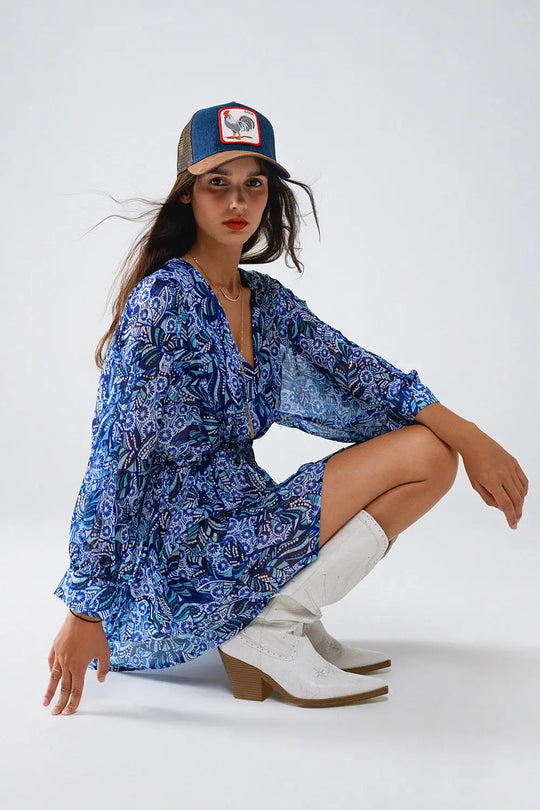 Blue abstract print short dress with adjustable waist - Dresses