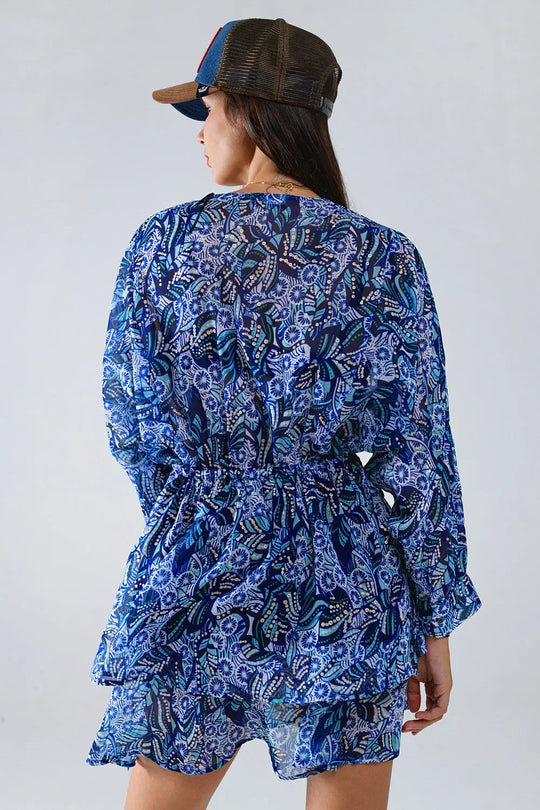 Blue abstract print short dress with adjustable waist - Dresses