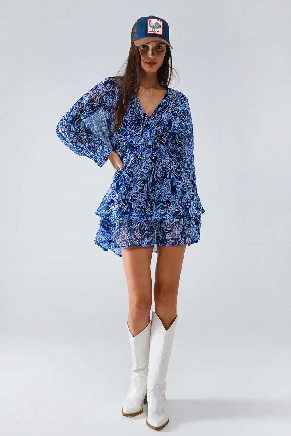Blue abstract print short dress with adjustable waist - Dresses