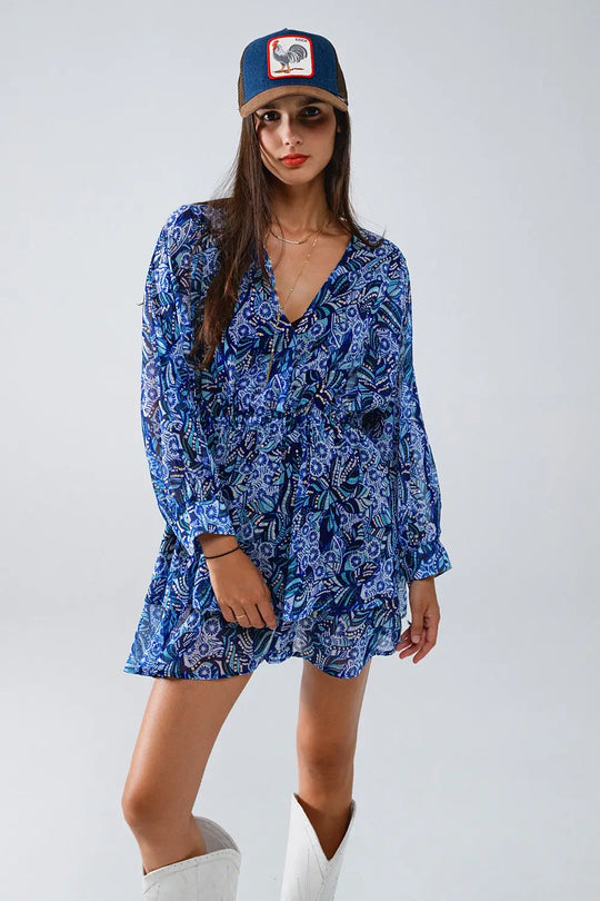 Blue abstract print short dress with adjustable waist - Dresses