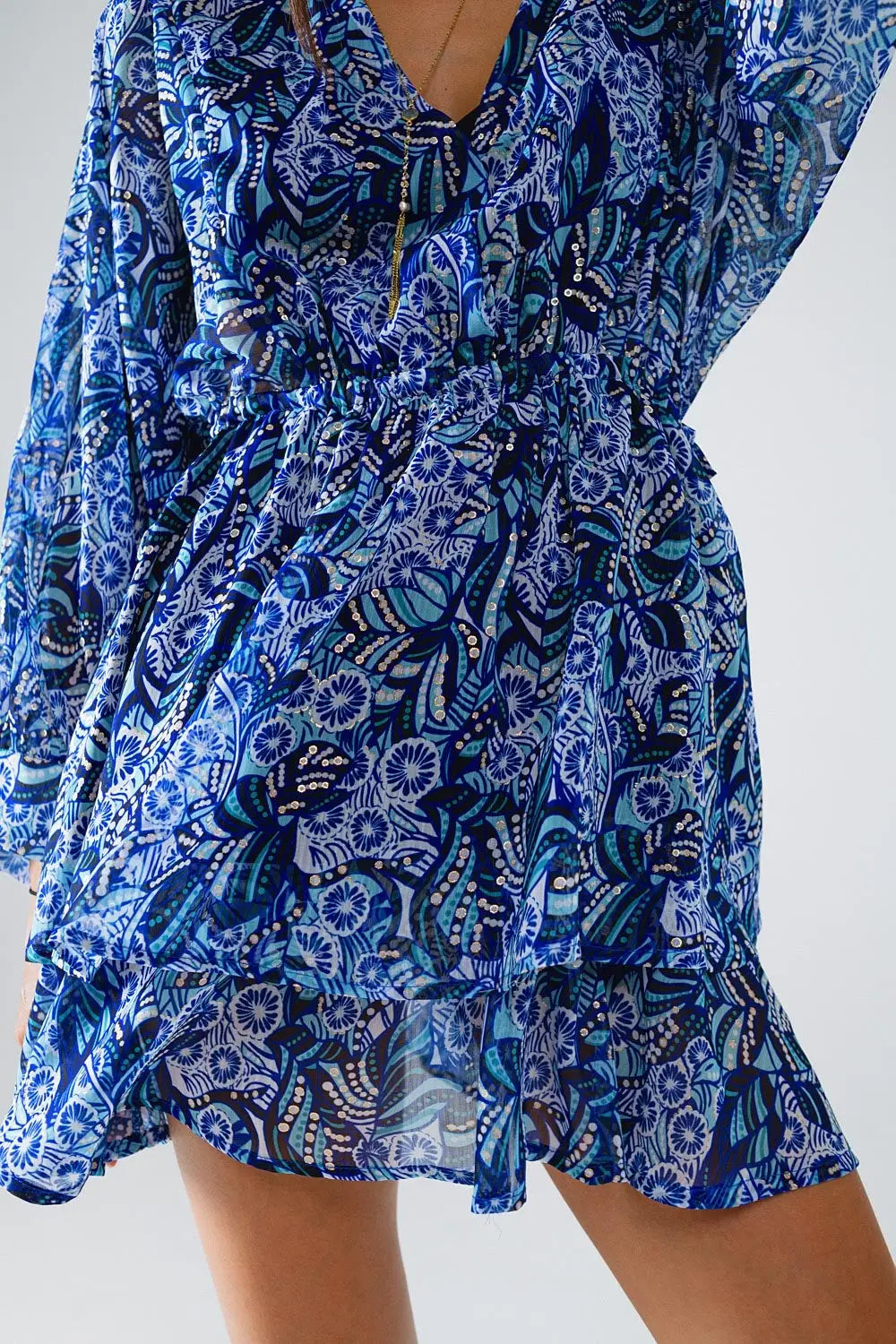 Blue abstract print short dress with adjustable waist - Dresses