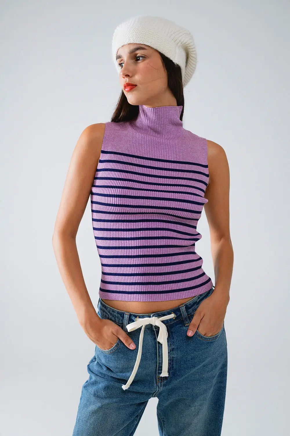 Striped Turtle Neck Tank Top In Lavander - Sweaters