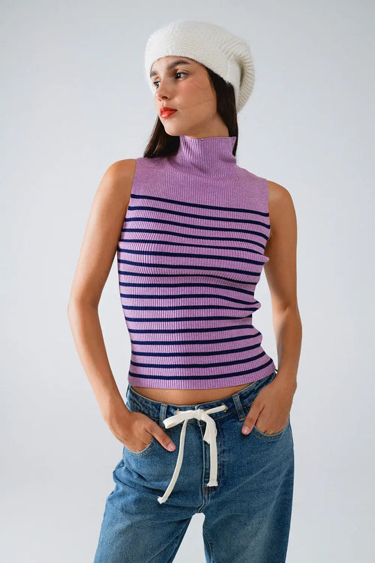 Striped Turtle Neck Tank Top In Lavander - Sweaters