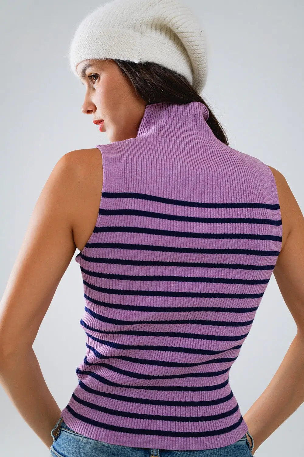 Striped Turtle Neck Tank Top In Lavander - Sweaters