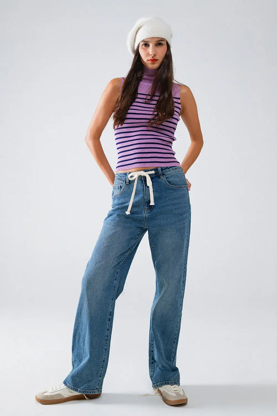 Striped Turtle Neck Tank Top In Lavander - Sweaters