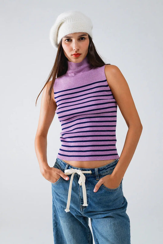Striped Turtle Neck Tank Top In Lavander - Sweaters