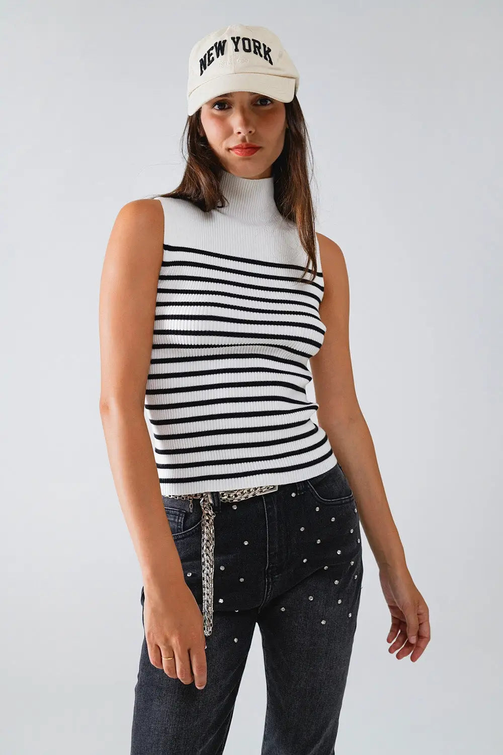 Striped Turtle Neck Tank Top In White - Sweaters