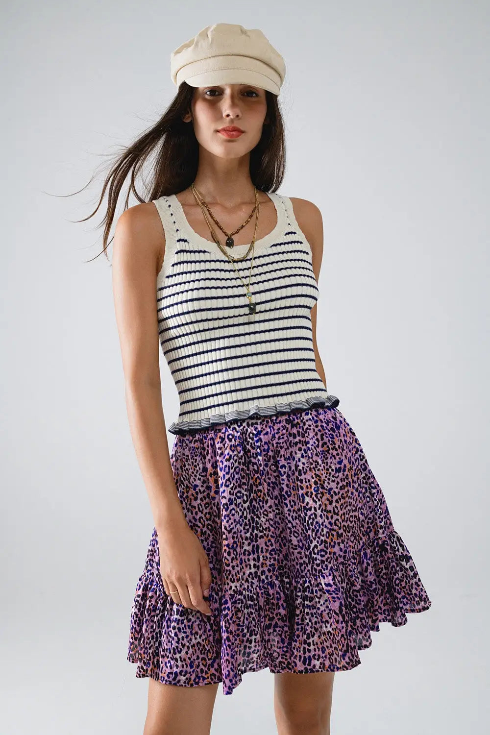 Striped Cream Tank Top With Ruffle Trim - Sweaters