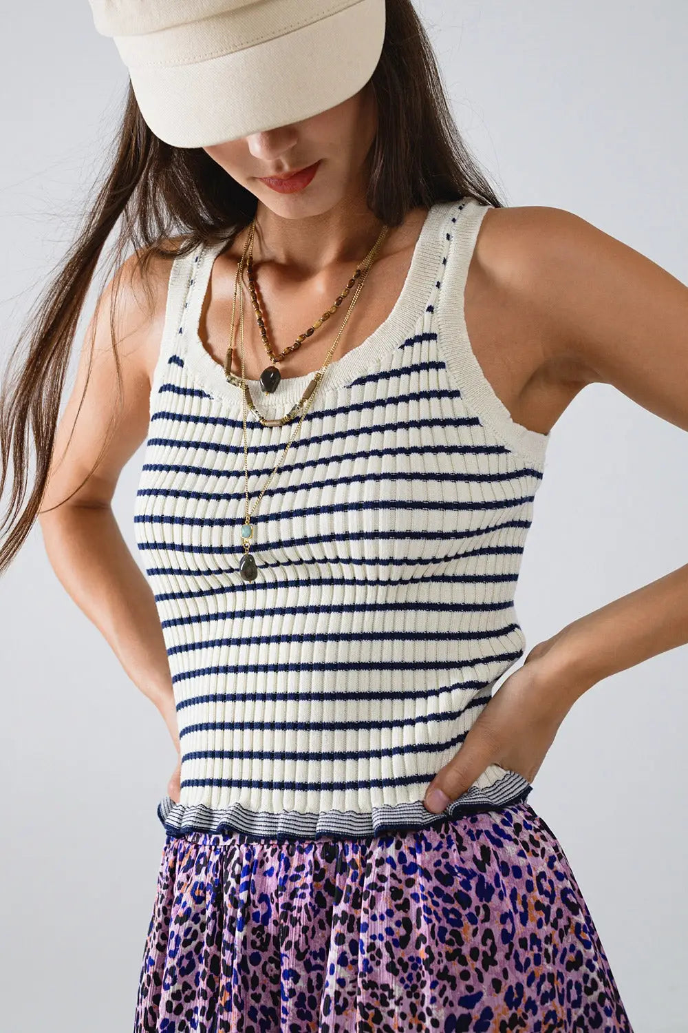 Striped Cream Tank Top With Ruffle Trim - Sweaters